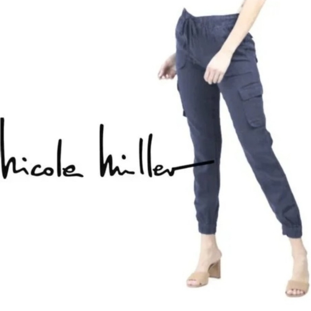 Nicole Miller Navy Linen Cargo Jogger Pants S Drawstring Utility Coastal - Picture 2 of 11